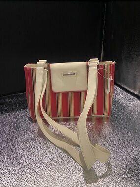 Longaberger Striped Red Cream Green striped Shoulder Bag Holiday